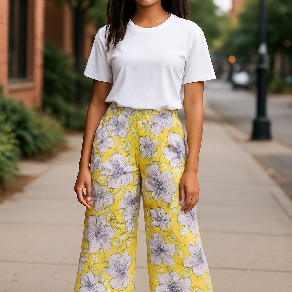 C & C Women's Capri Pants Wide Leg 100% Linen Floral Yellow Pink White Size L - Picture 4 of 4